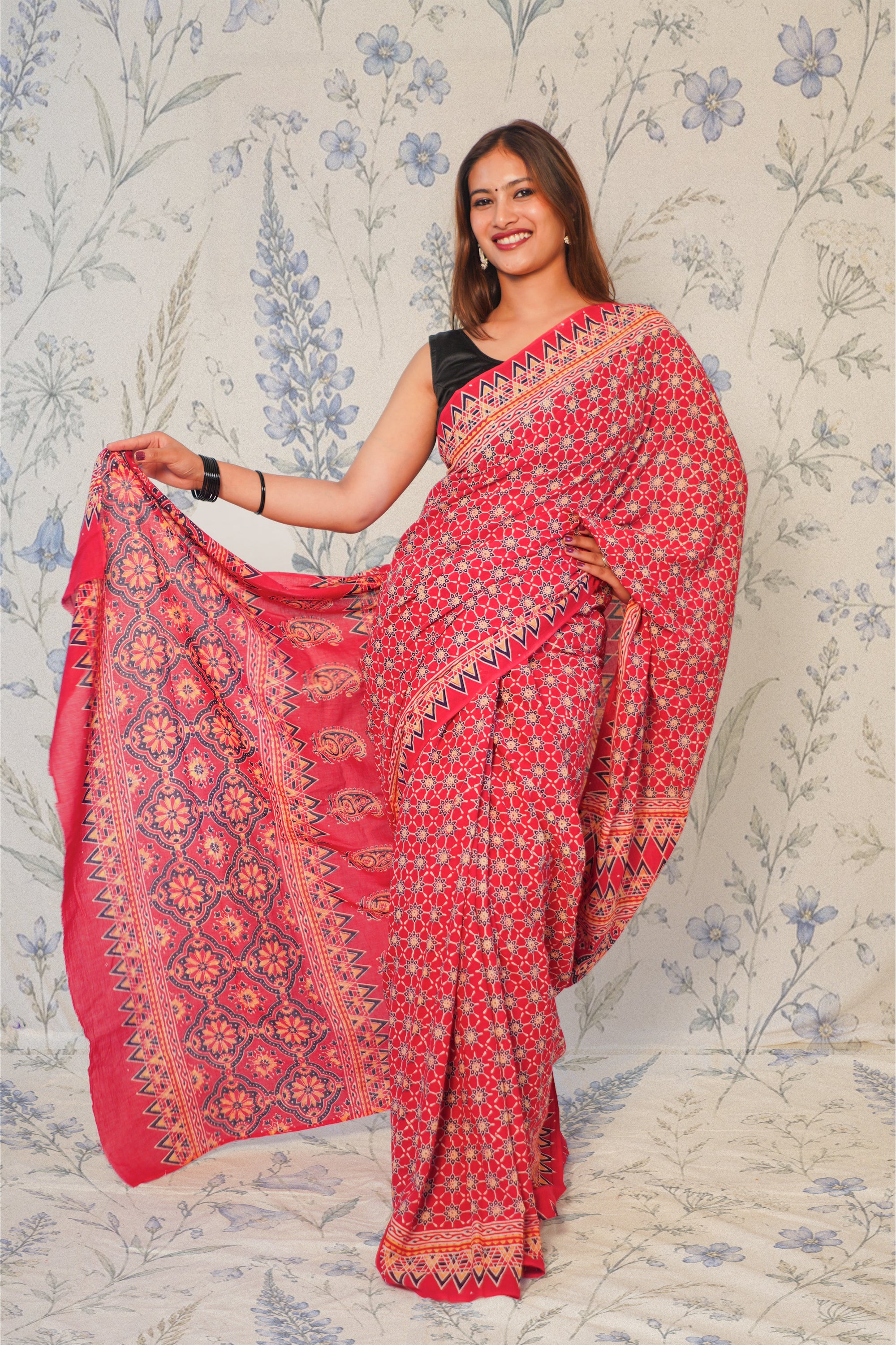 Madder Maroon Ajrak Cotton Saree