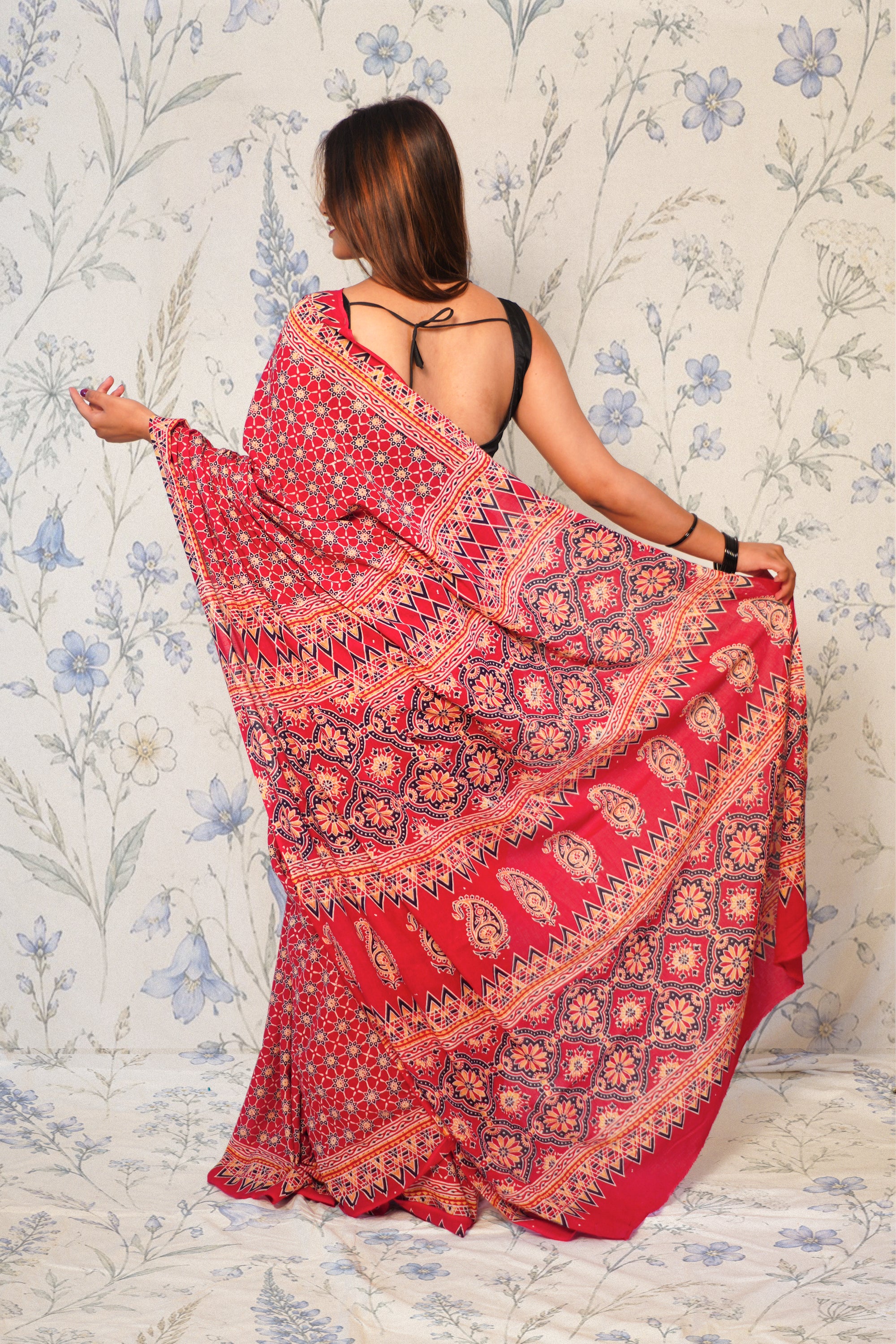 Madder Maroon Ajrak Cotton Saree