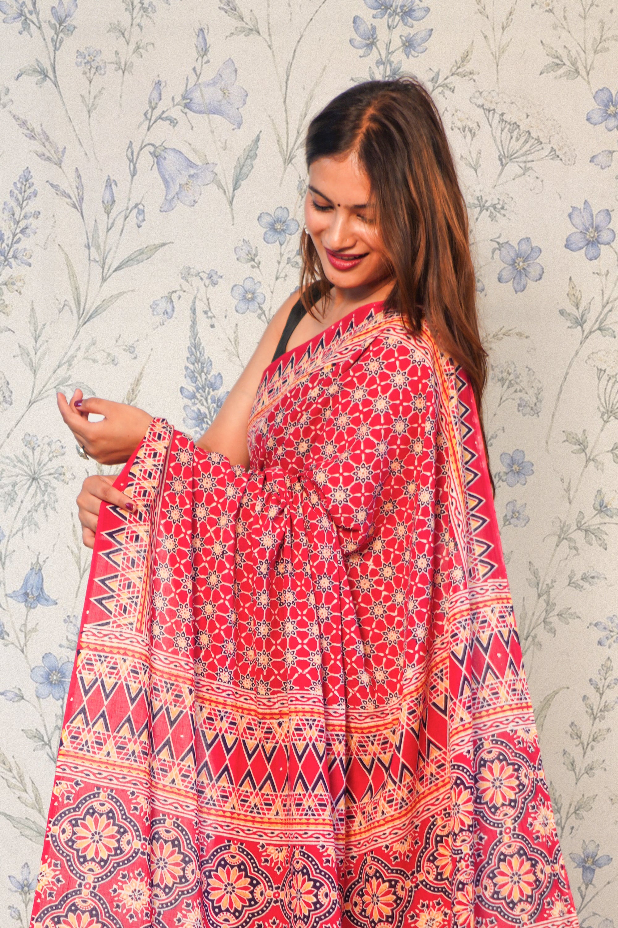 Madder Maroon Ajrak Cotton Saree