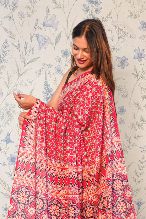 Madder Maroon Ajrak Cotton Saree