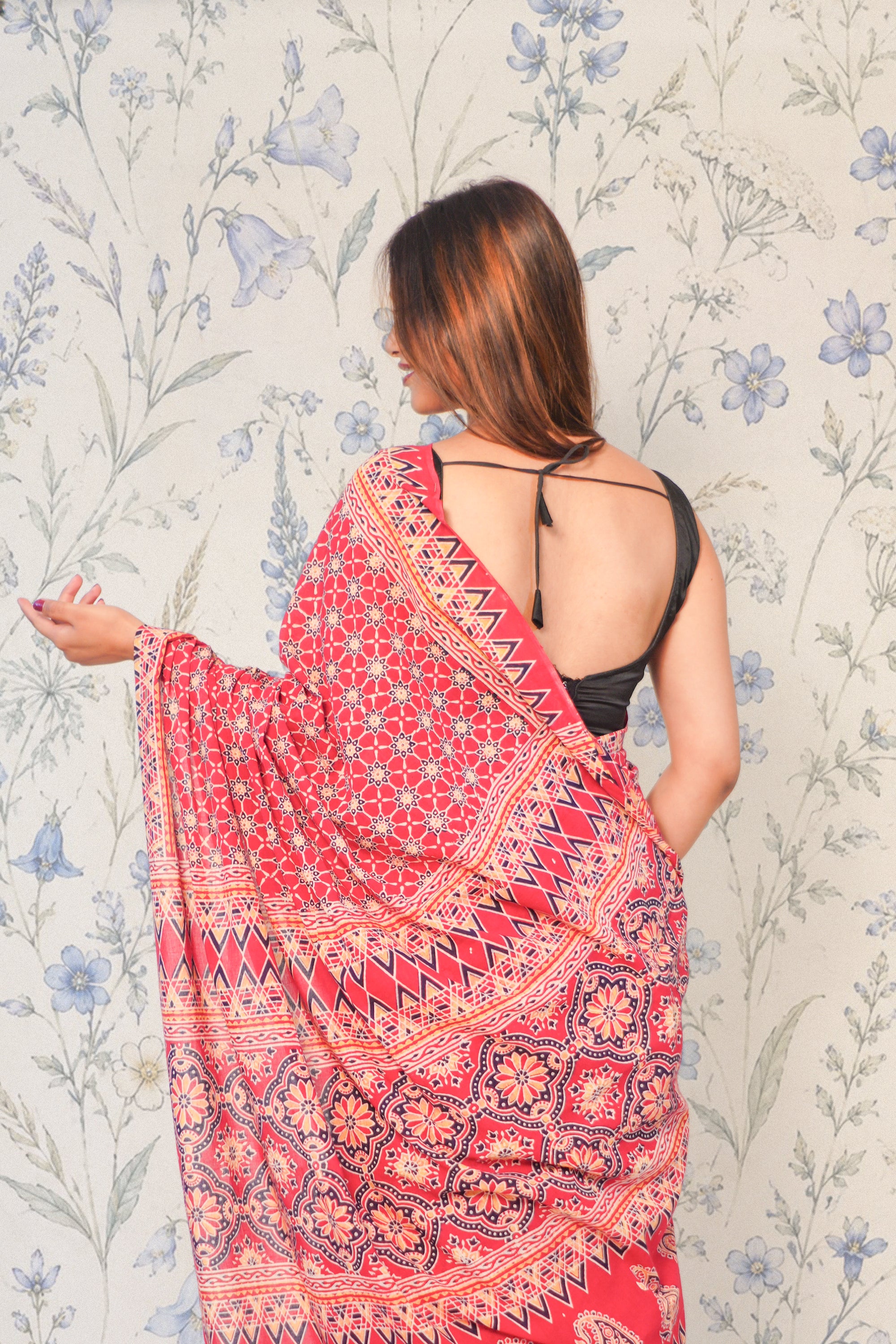 Madder Maroon Ajrak Cotton Saree