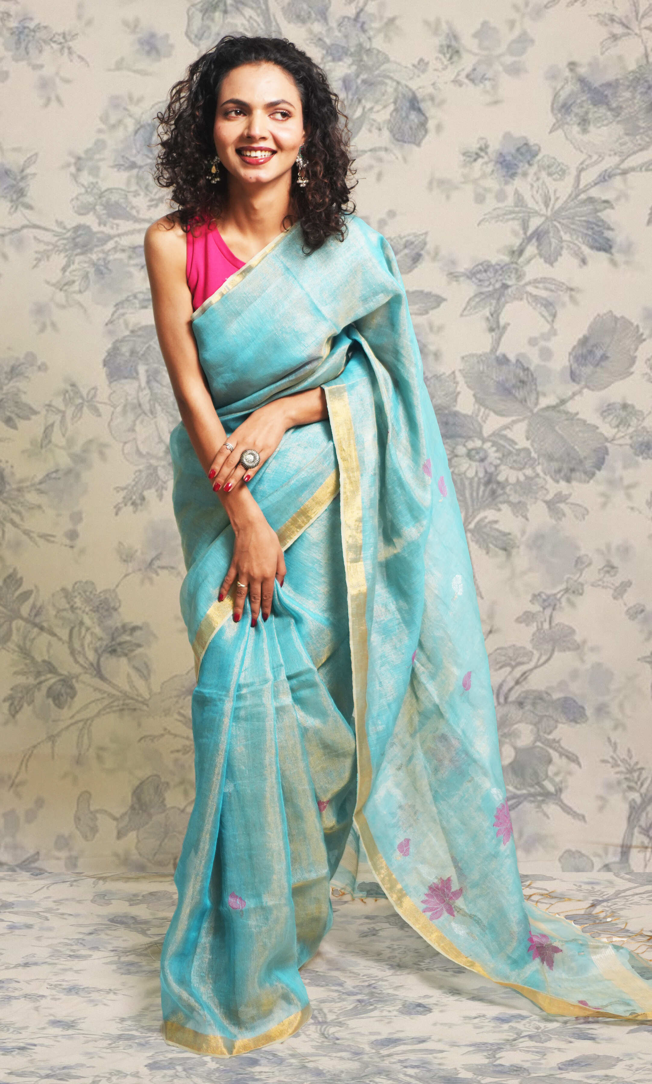 Metallic Sky Blue Tissue Linen Saree