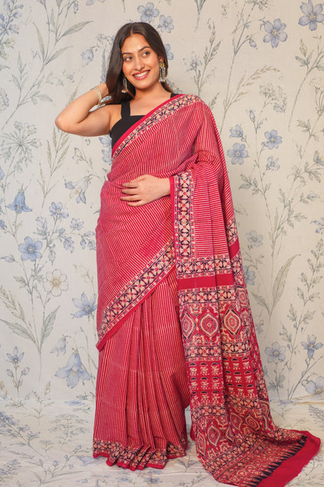 Maroon Ajrak Cotton Saree