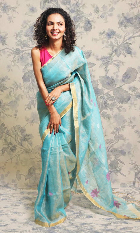 Metallic Sky Blue Tissue Linen Saree