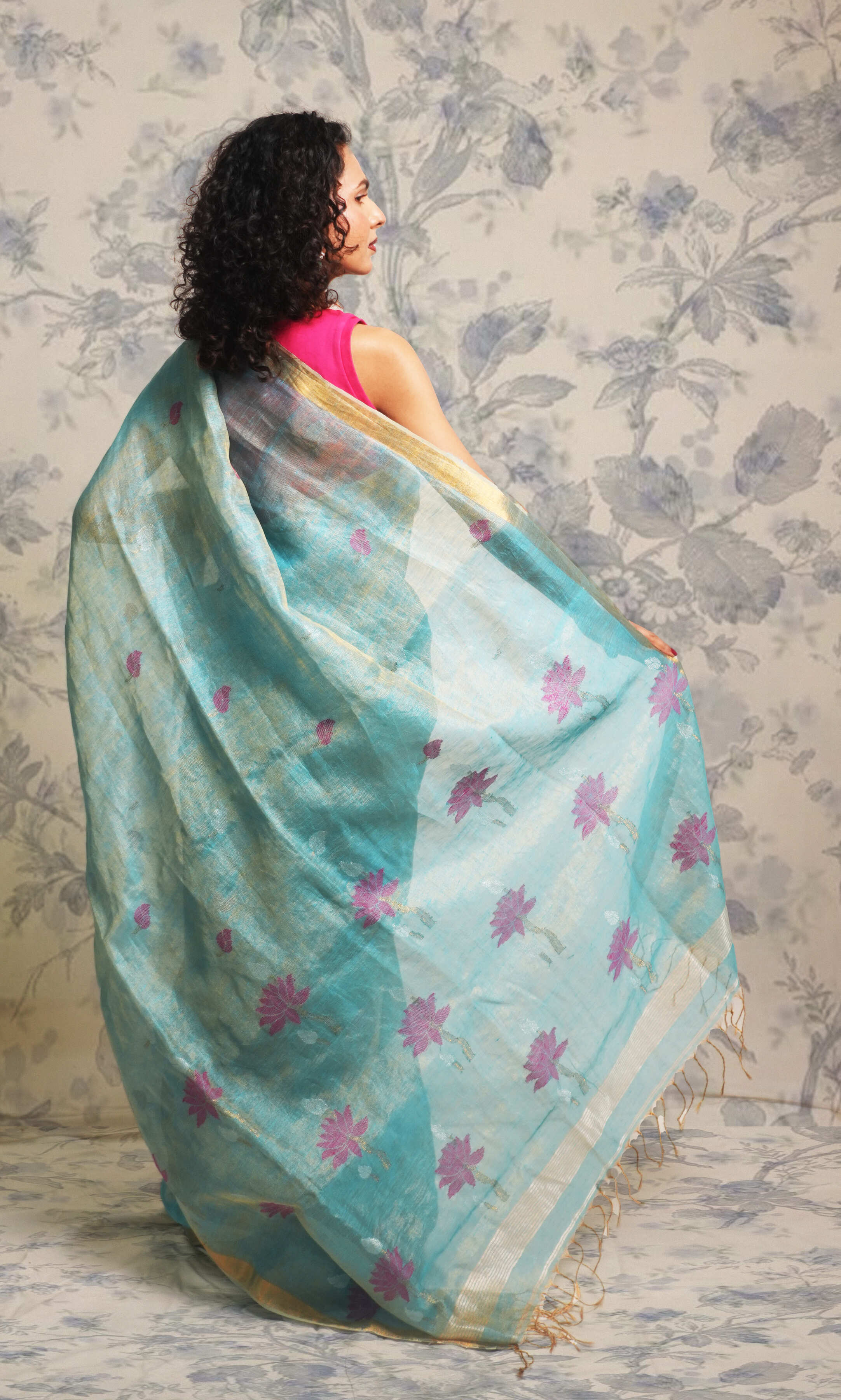 Metallic Sky Blue Tissue Linen Saree