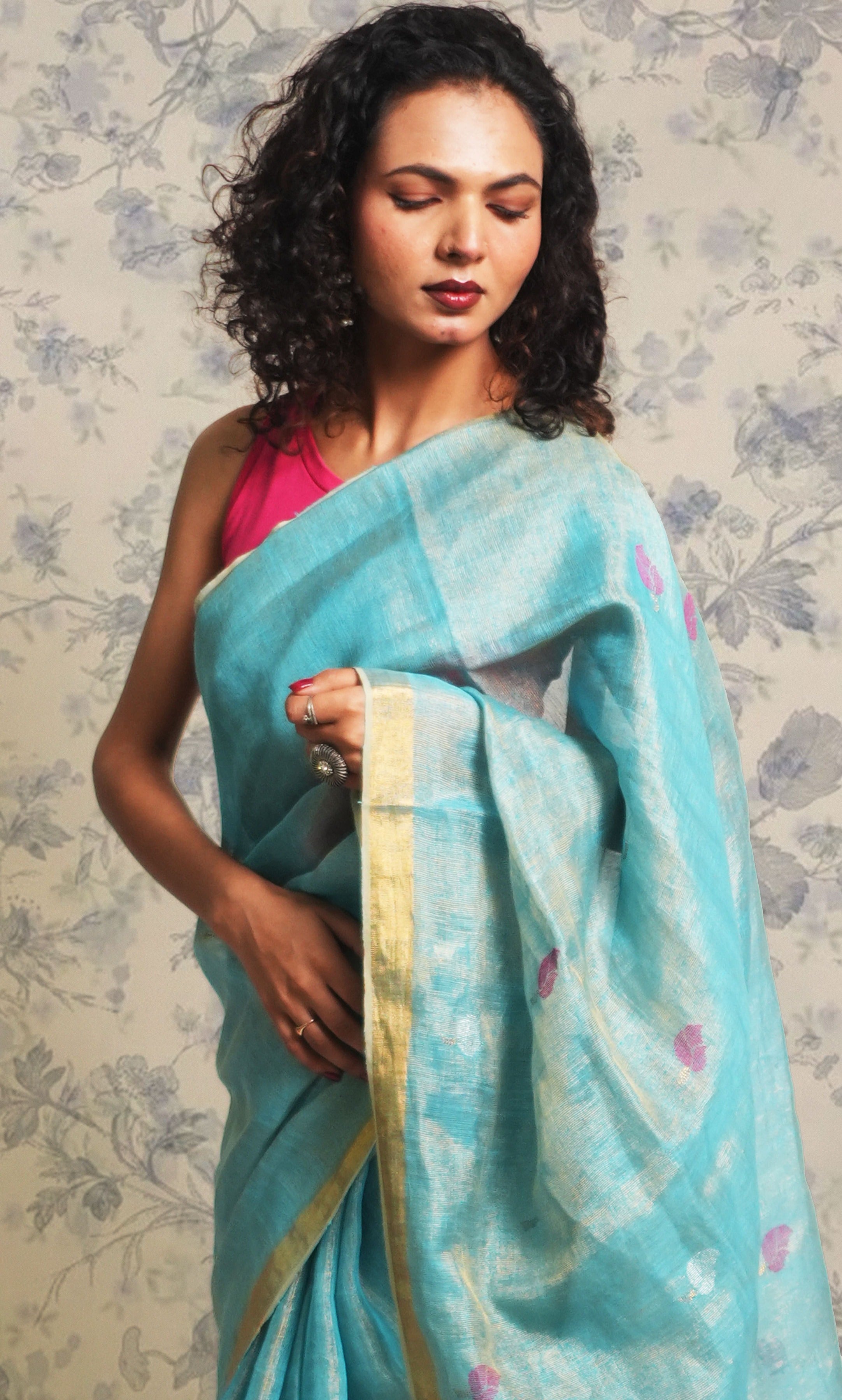 Metallic Sky Blue Tissue Linen Saree