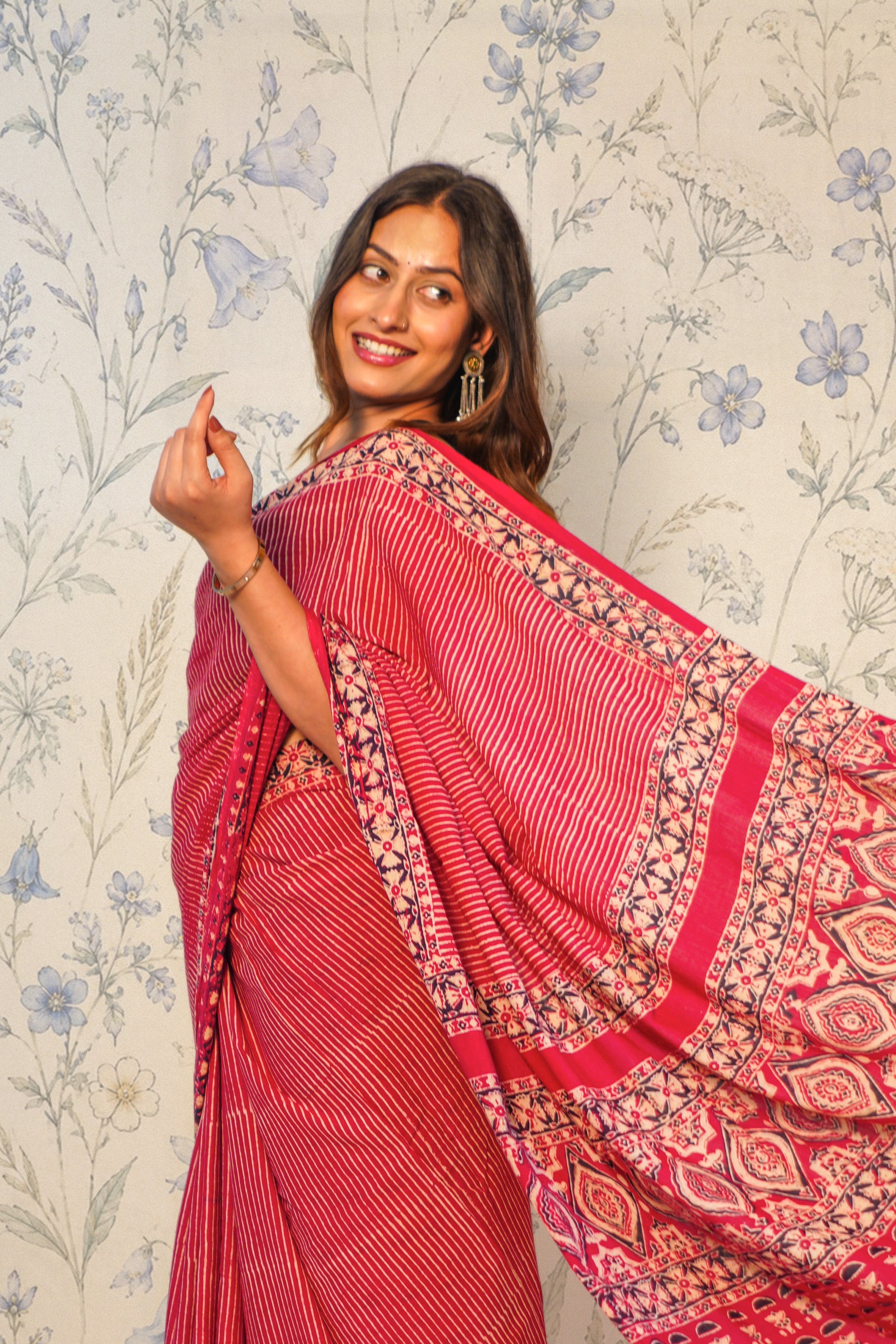 Maroon Ajrak Cotton Saree