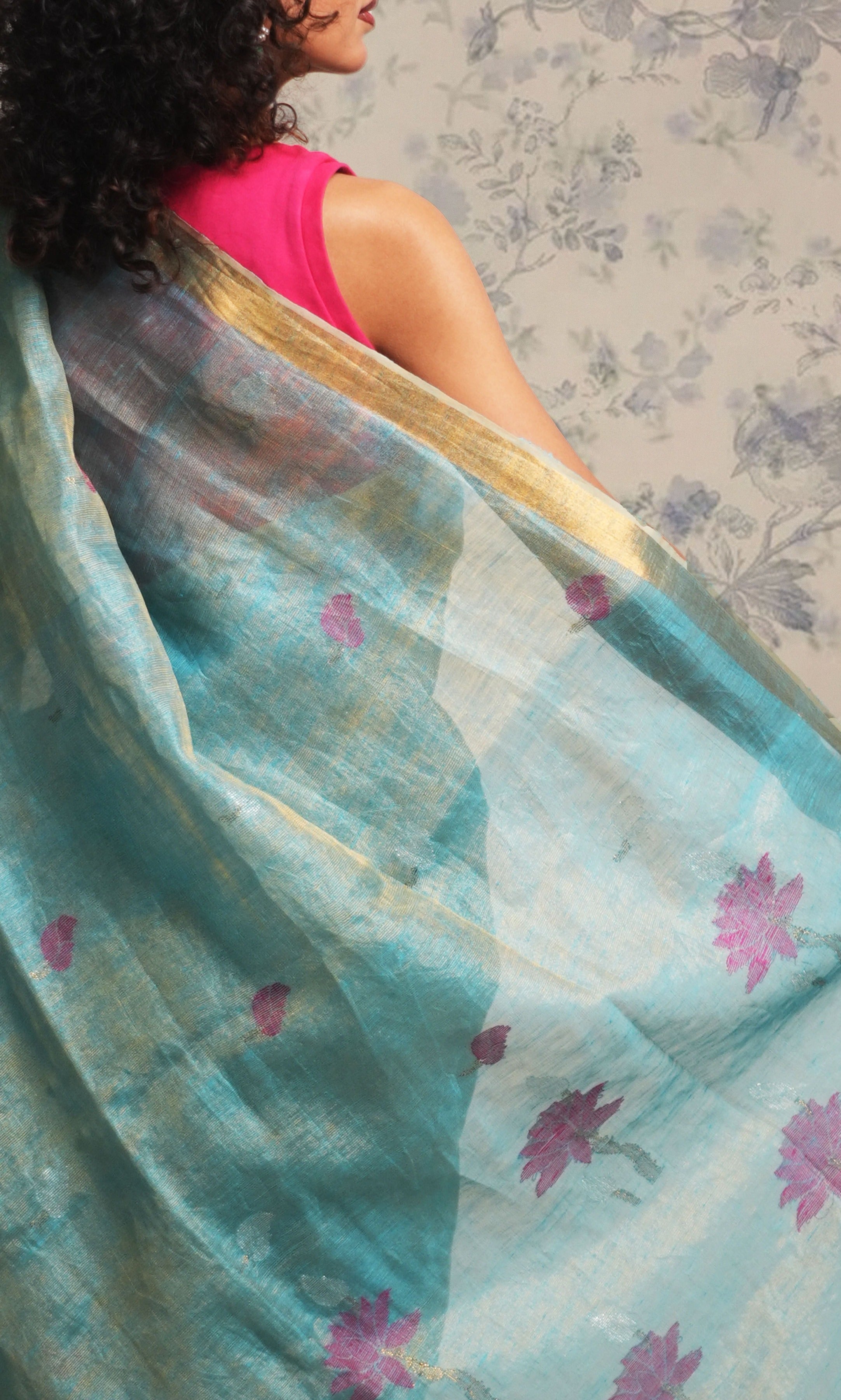 Metallic Sky Blue Tissue Linen Saree