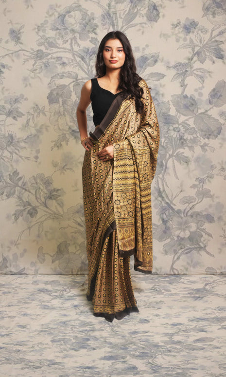 Beige Ajrak Print Mukaish Work Modal Silk Saree
