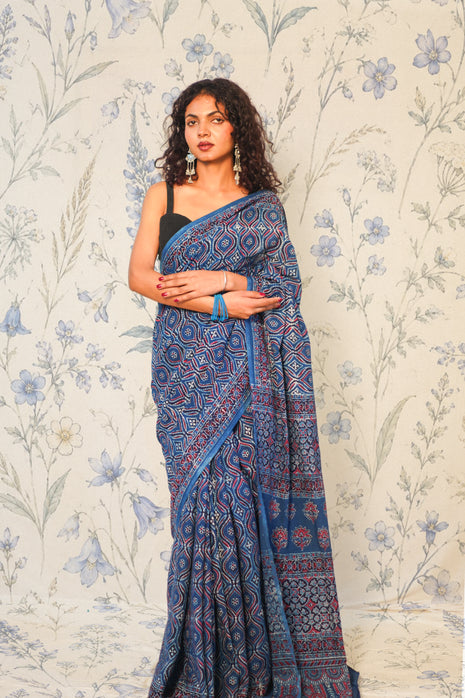 Deep Indigo Ajrak Cotton Saree