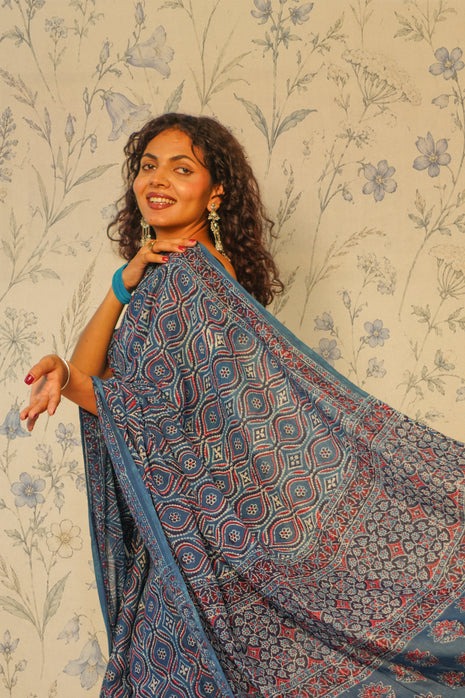 Deep Indigo Ajrak Cotton Saree