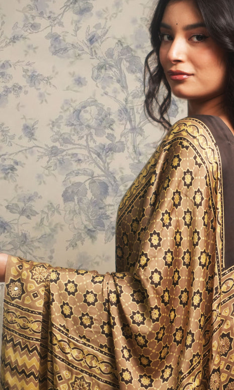 Beige Ajrak Print Mukaish Work Modal Silk Saree