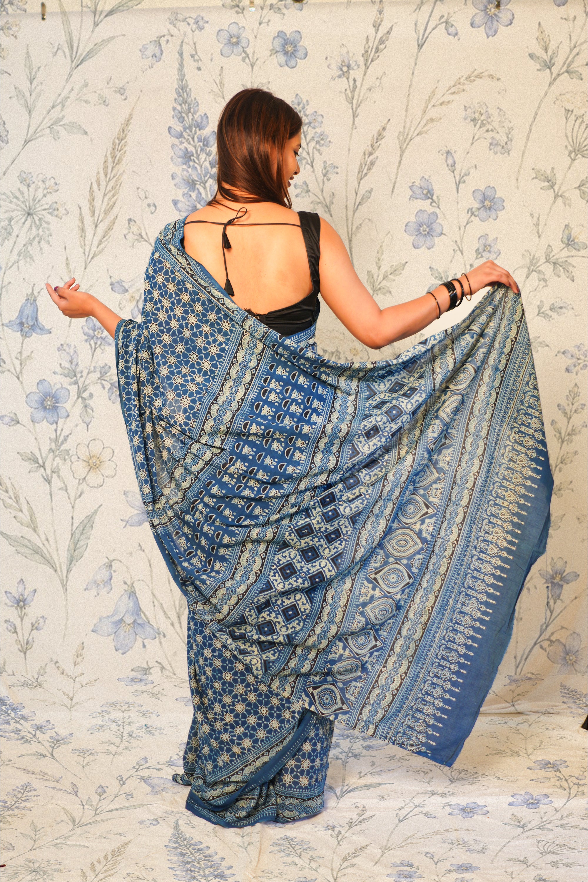 Indigo Blue Ajrak Cotton Saree