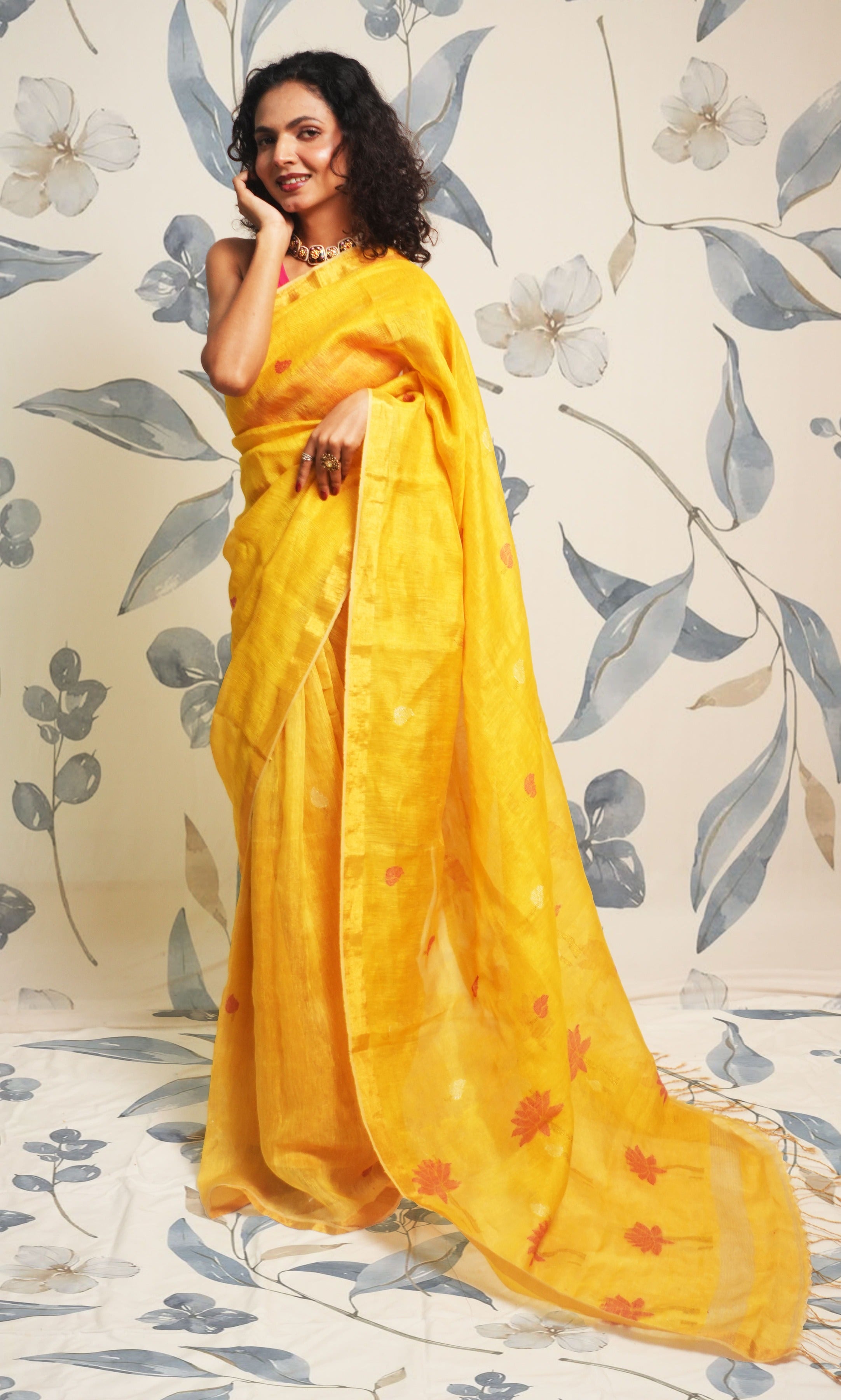 Metallic Yellow Tissue Linen Saree