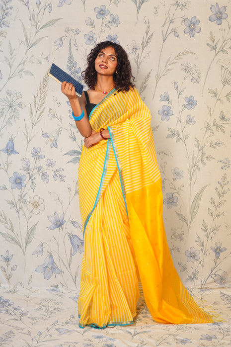 Yellow Golden Strip Blue Small Border Maheshwari Saree