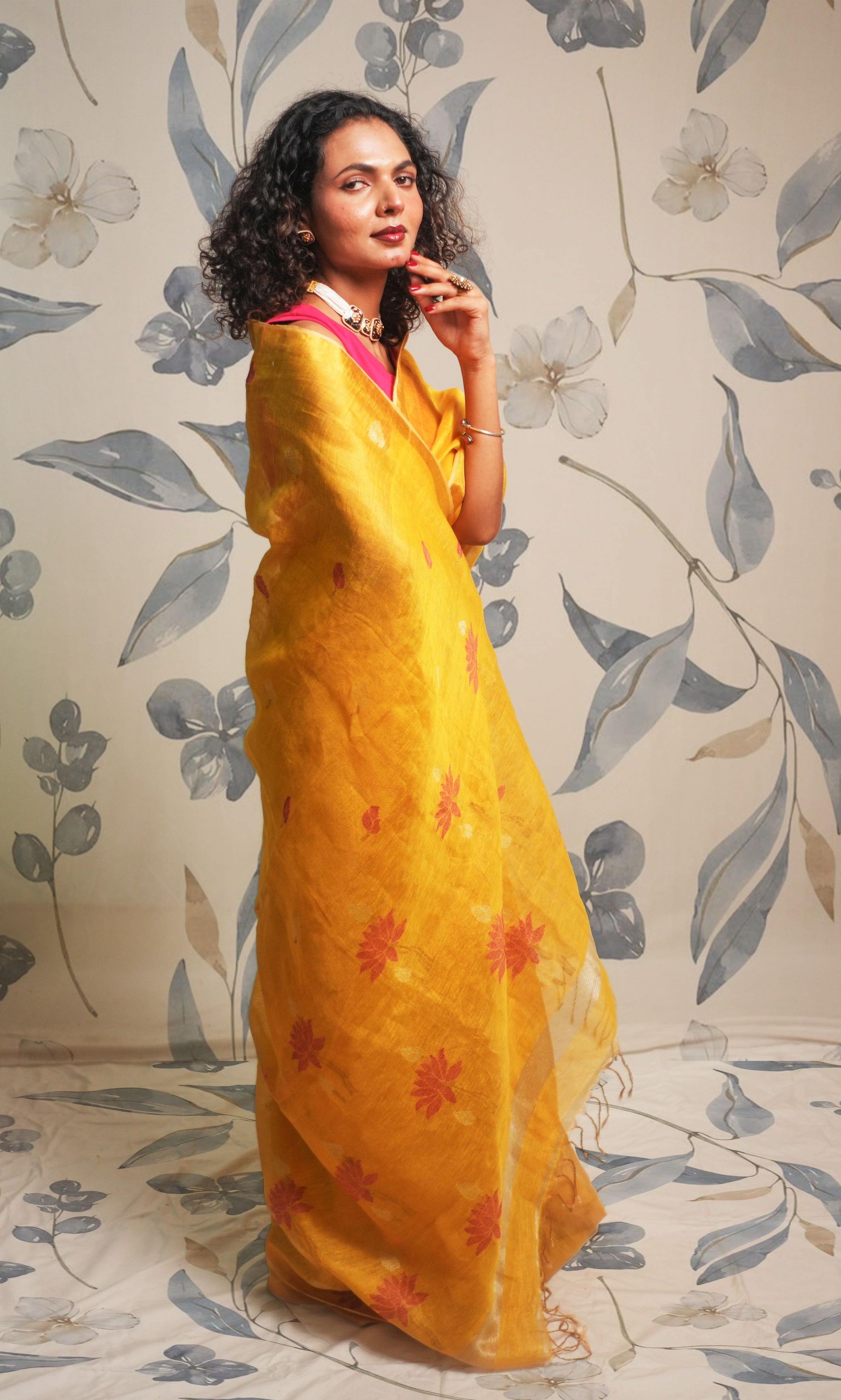 Metallic Yellow Tissue Linen Saree