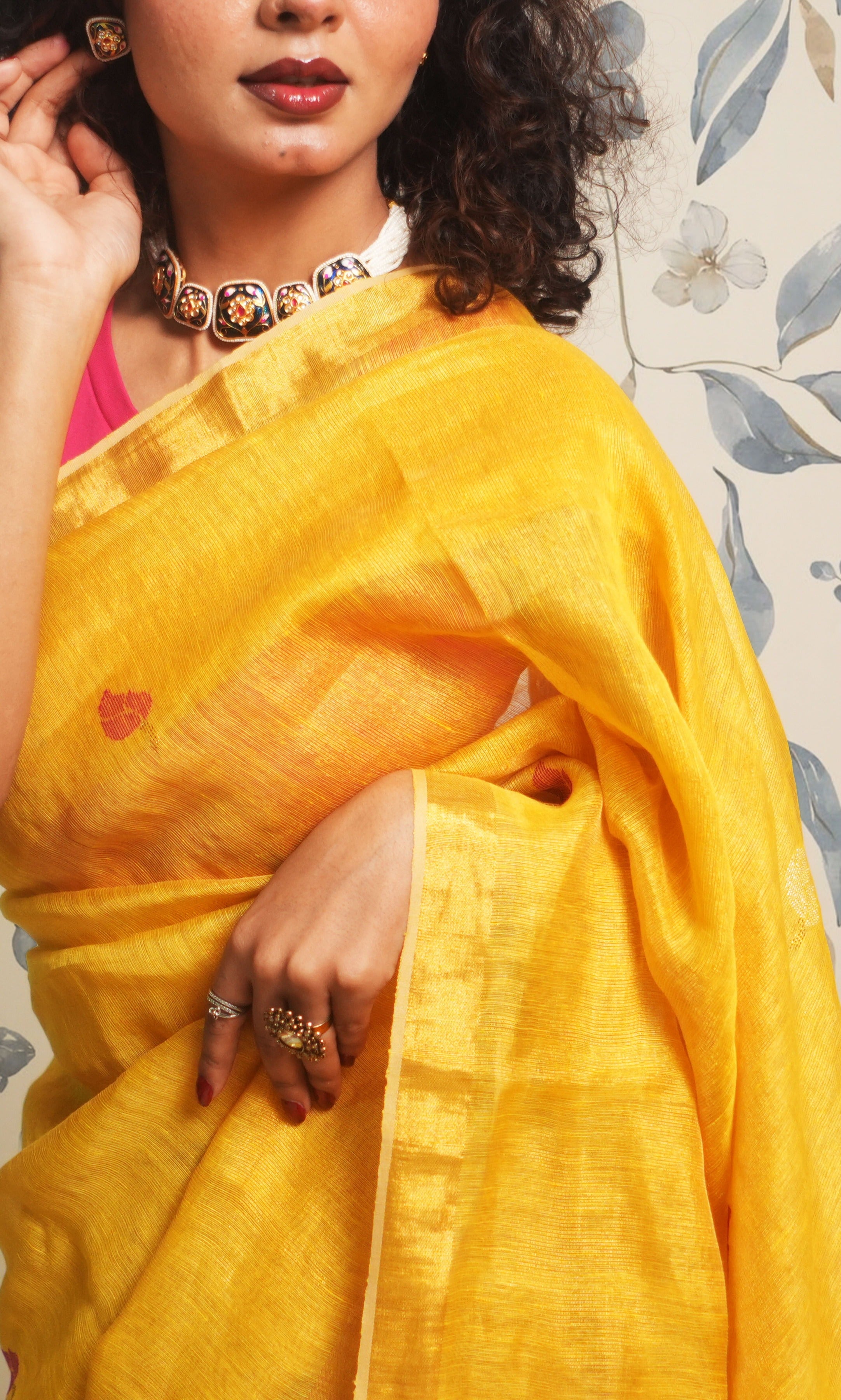 Metallic Yellow Tissue Linen Saree