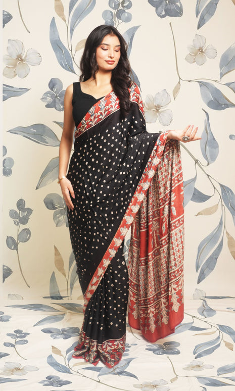 Black Batik Ajrak Print Mukaish Work Modal Silk Saree