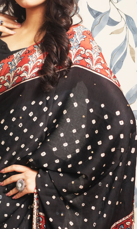 Black Batik Ajrak Print Mukaish Work Modal Silk Saree
