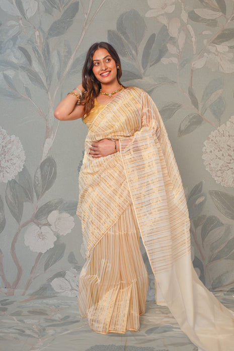 White Golden Strip Tissue Maheshwari Saree