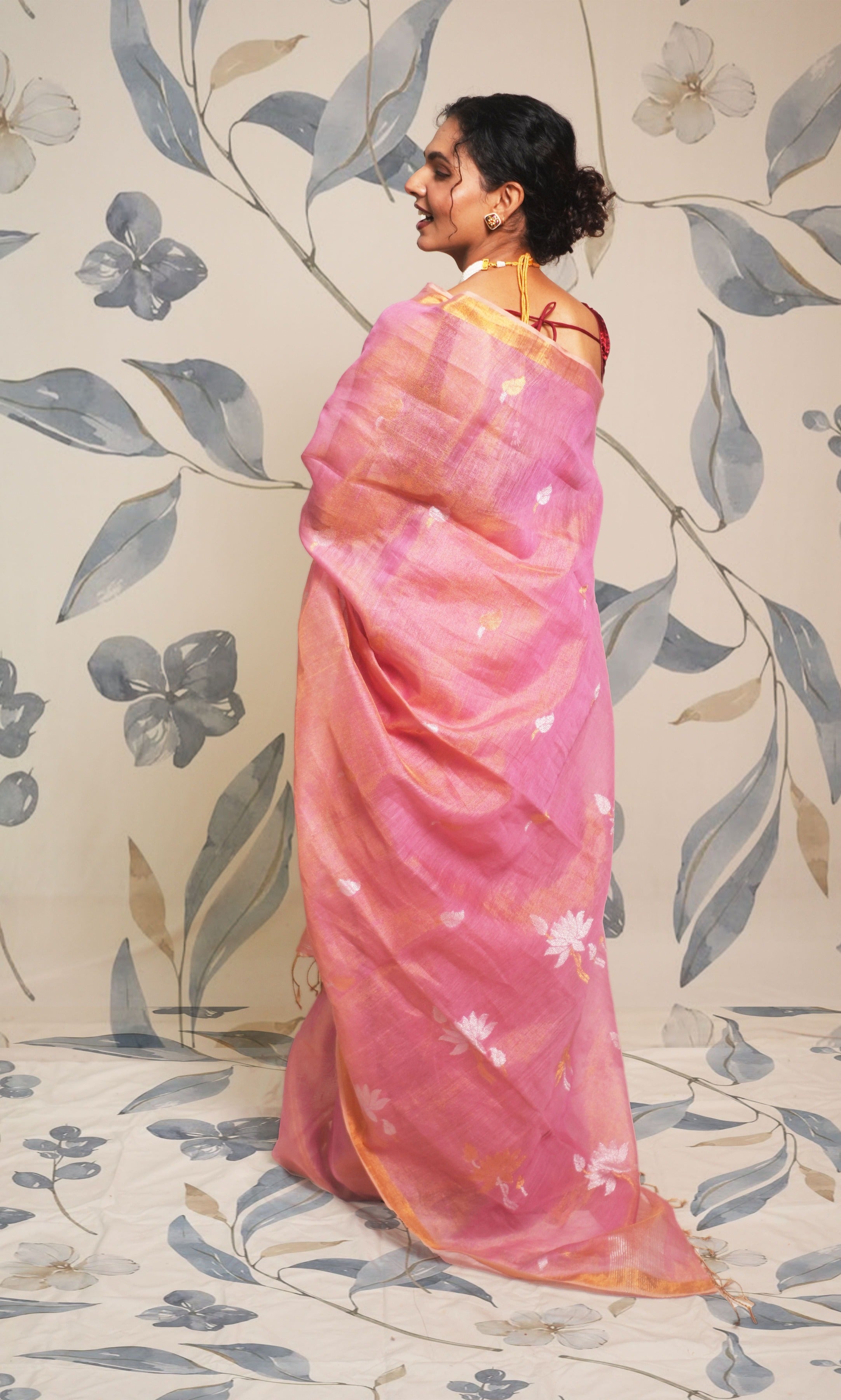 Metallic Pink Tissue Linen Saree