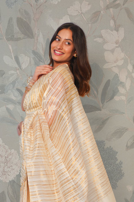 White Golden Strip Tissue Maheshwari Saree