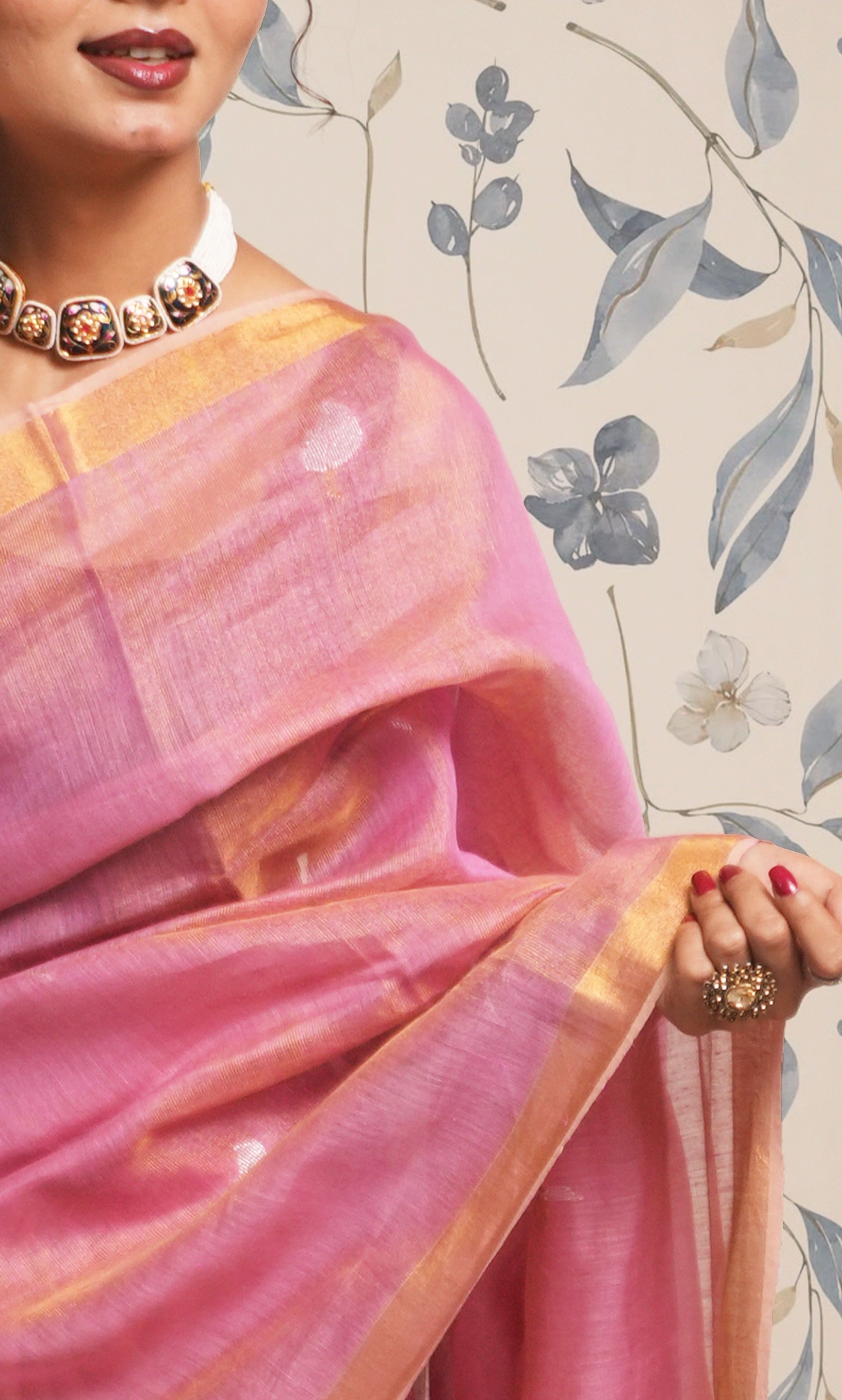 Metallic Pink Tissue Linen Saree