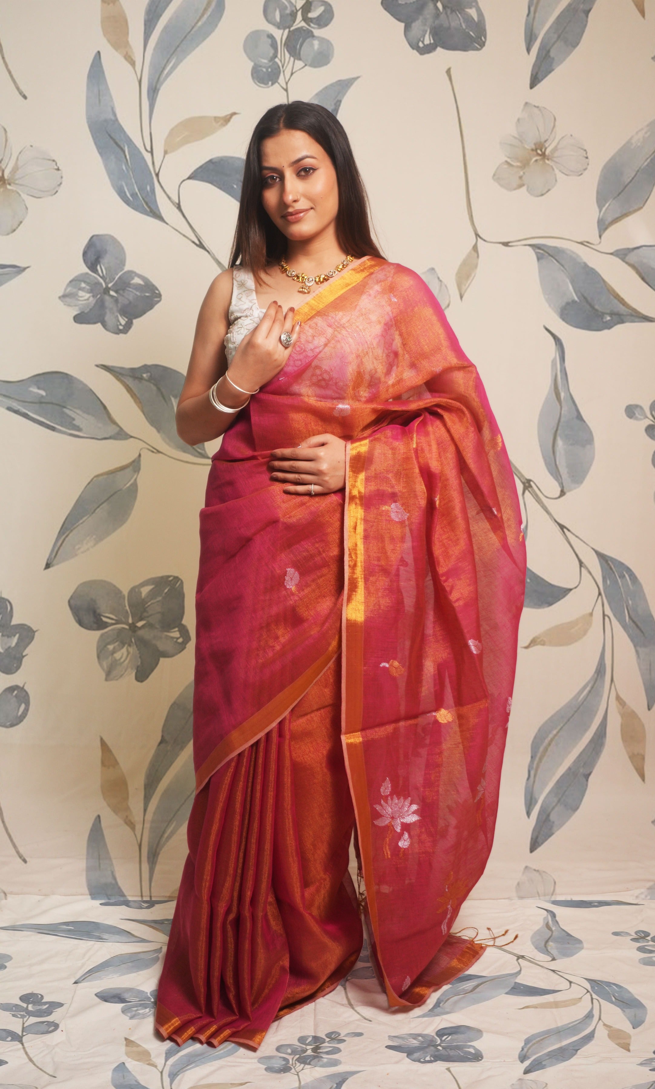 Metallic Red Tissue Linen Saree