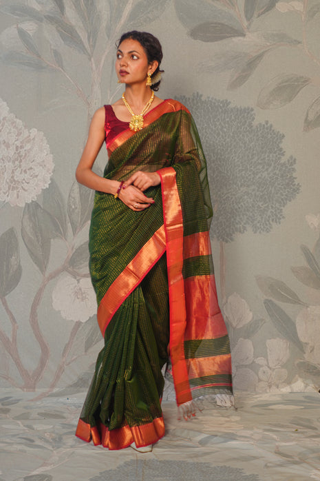 Dark Green And Red With Gold Zari Checks Maheshwari Silk Cotton Saree