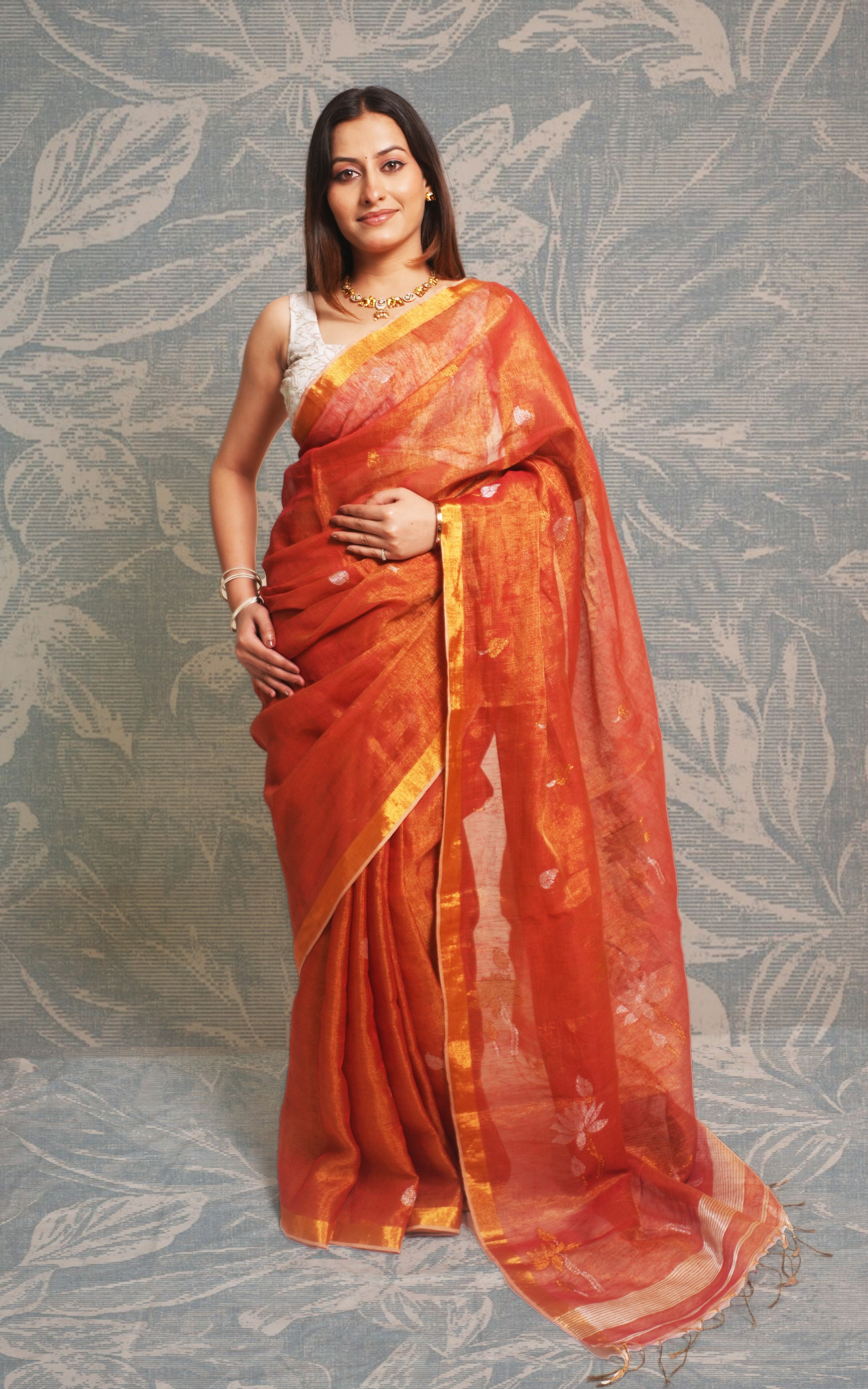 Metallic Orange Tissue Linen Saree