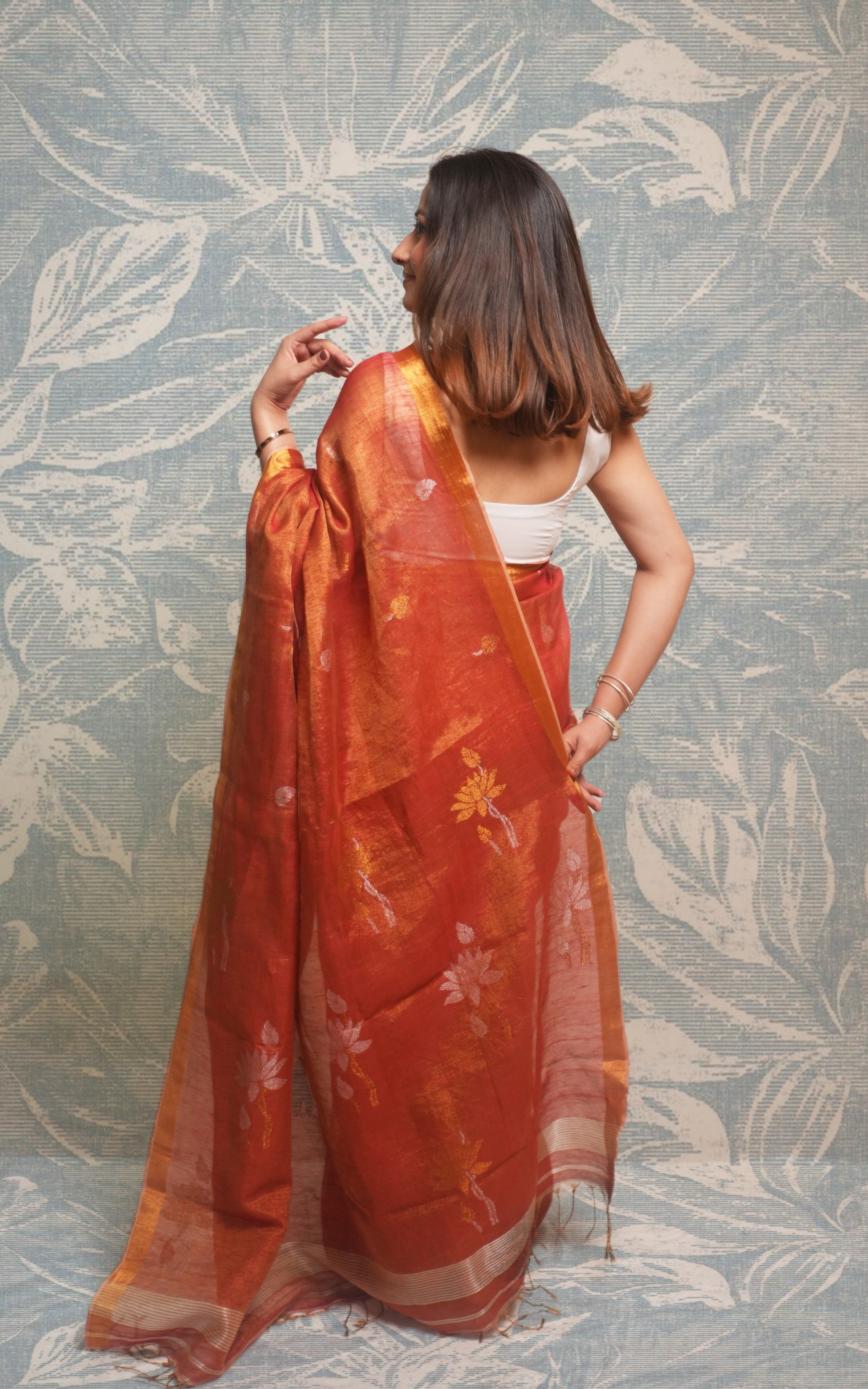 Metallic Orange Tissue Linen Saree