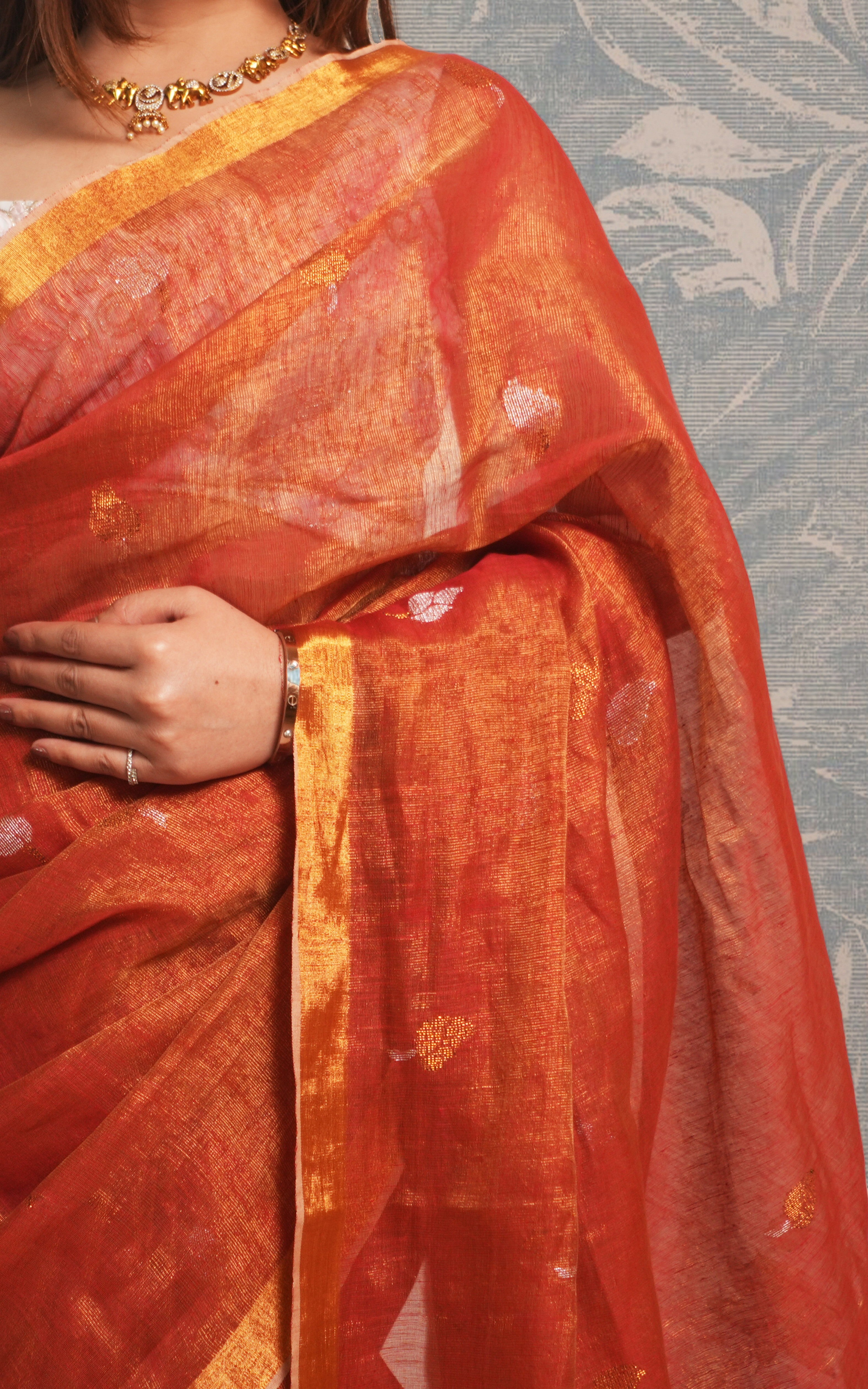 Metallic Orange Tissue Linen Saree