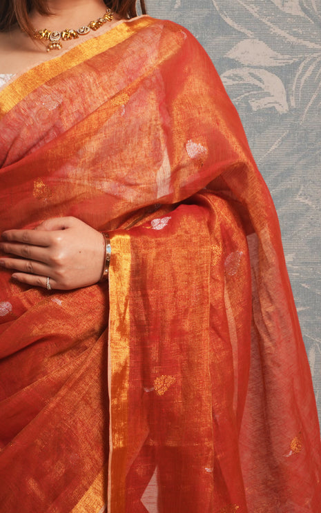 Metallic Orange Tissue Linen Saree