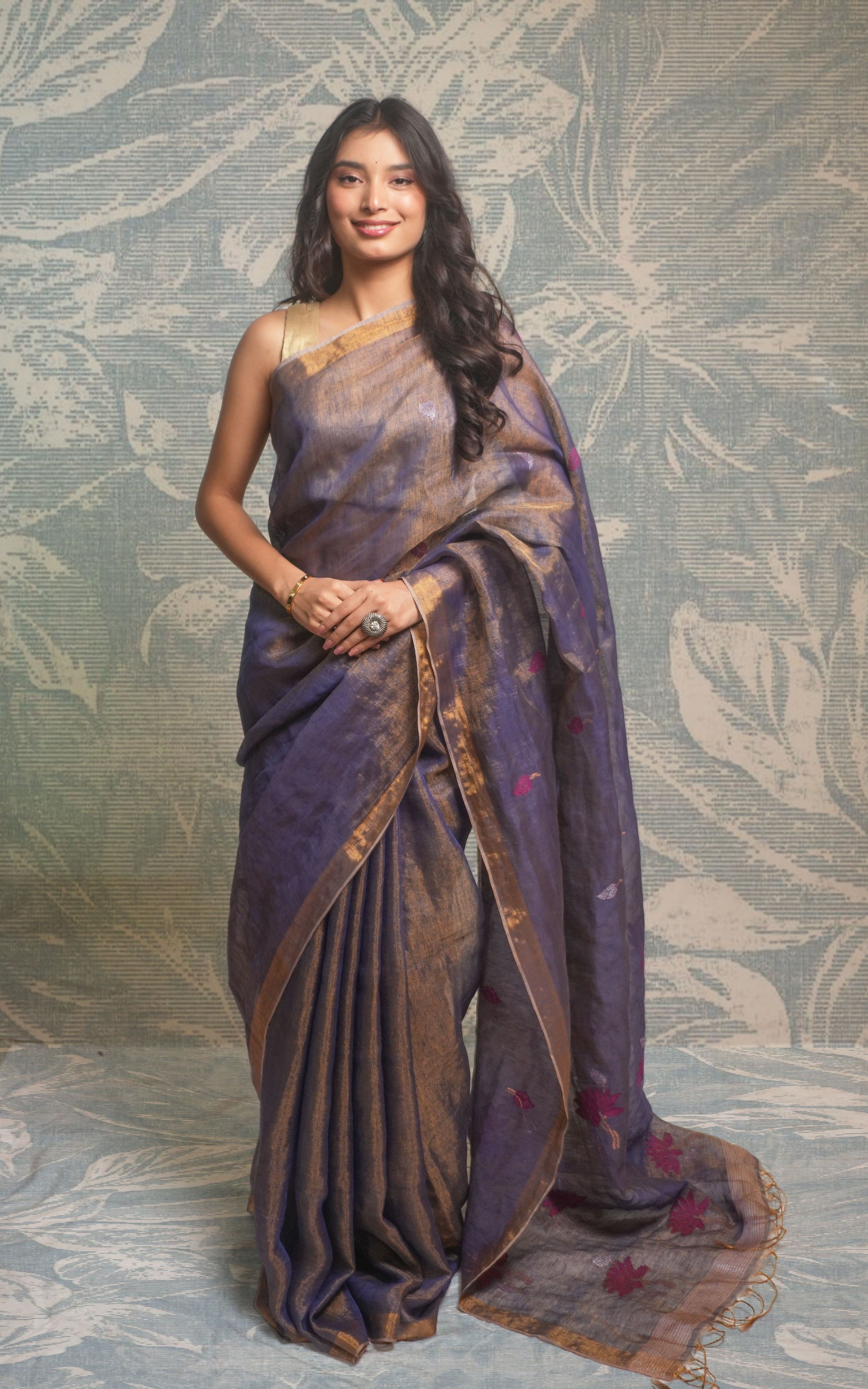 Metallic Sky Blue Tissue Linen Saree