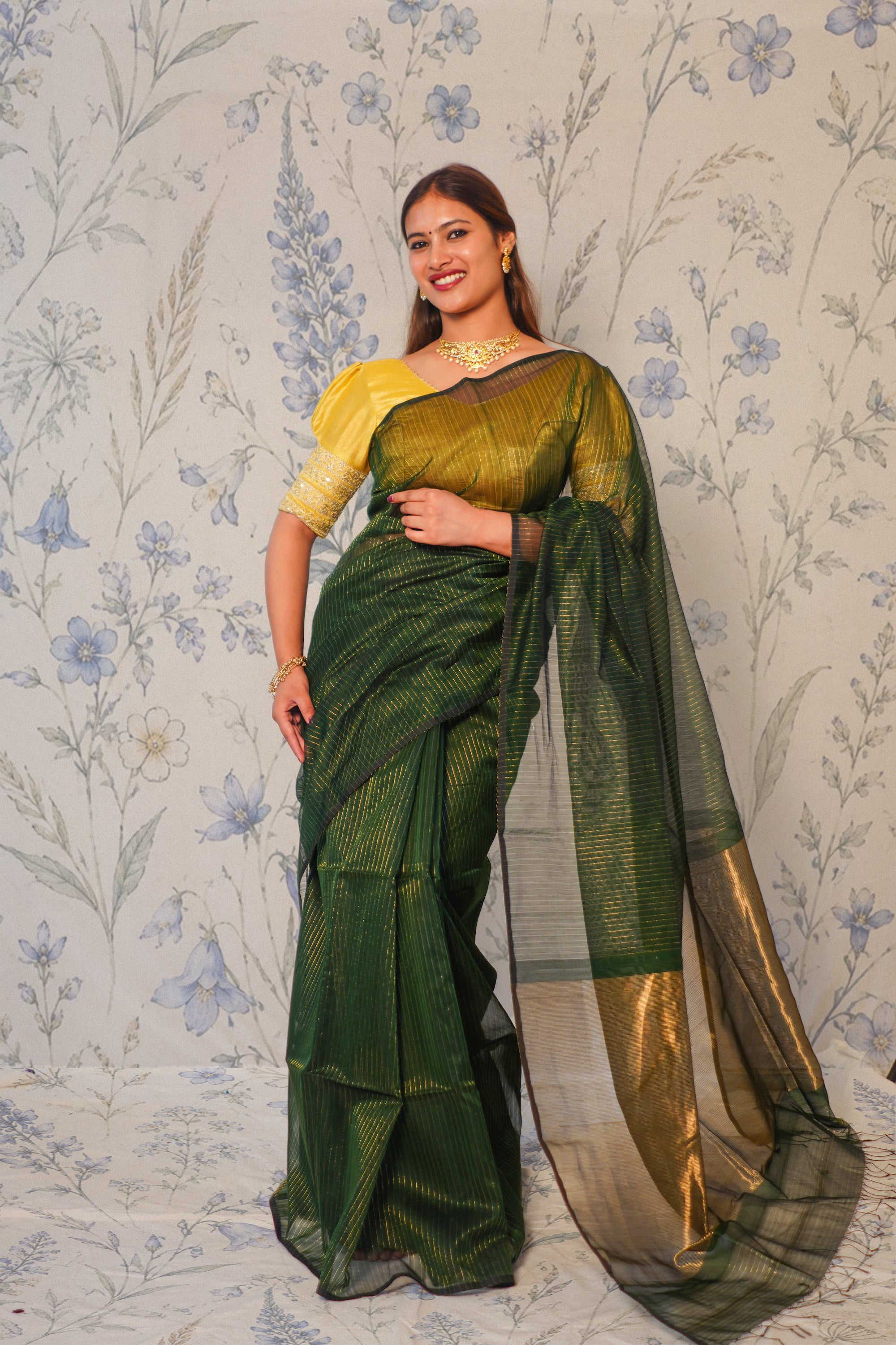 Dark Green  With Gold Zari Strip Maheshwari Silk Cotton Saree