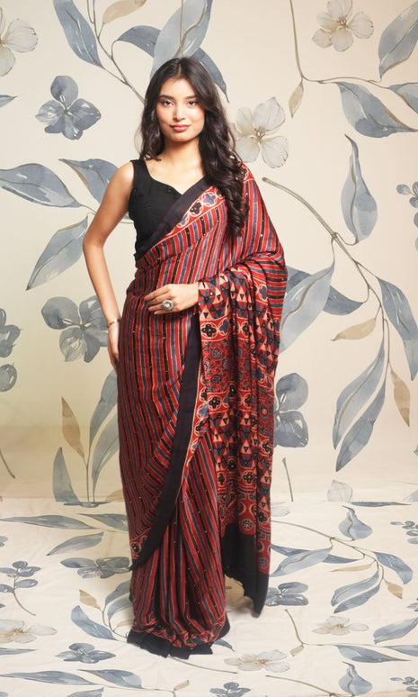 Maroon Ajrak Print Mukaish Work Modal Silk Saree
