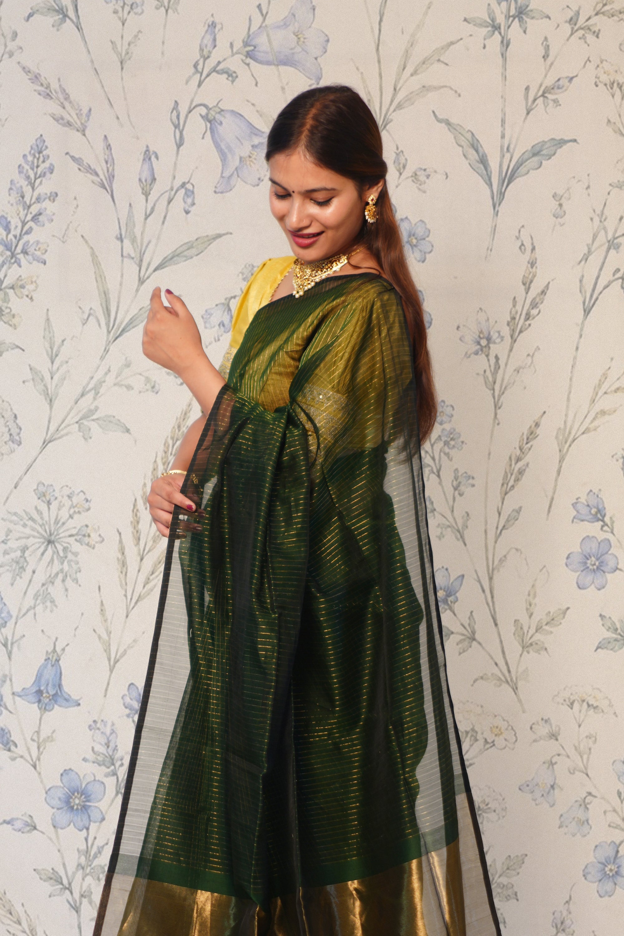 Dark Green  With Gold Zari Strip Maheshwari Silk Cotton Saree