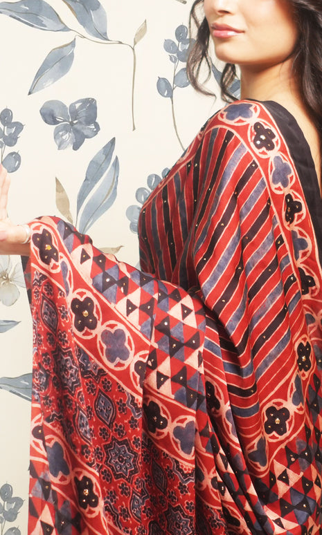 Maroon Ajrak Print Mukaish Work Modal Silk Saree