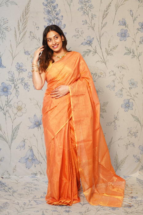 Light Orange Golden Tissue Maheshwari Saree
