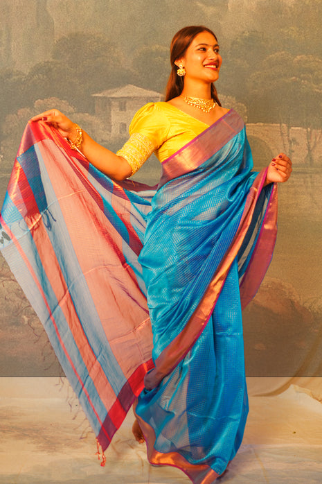 Blue And Pink With Gold Zari Checks Maheshwari Silk Cotton Saree