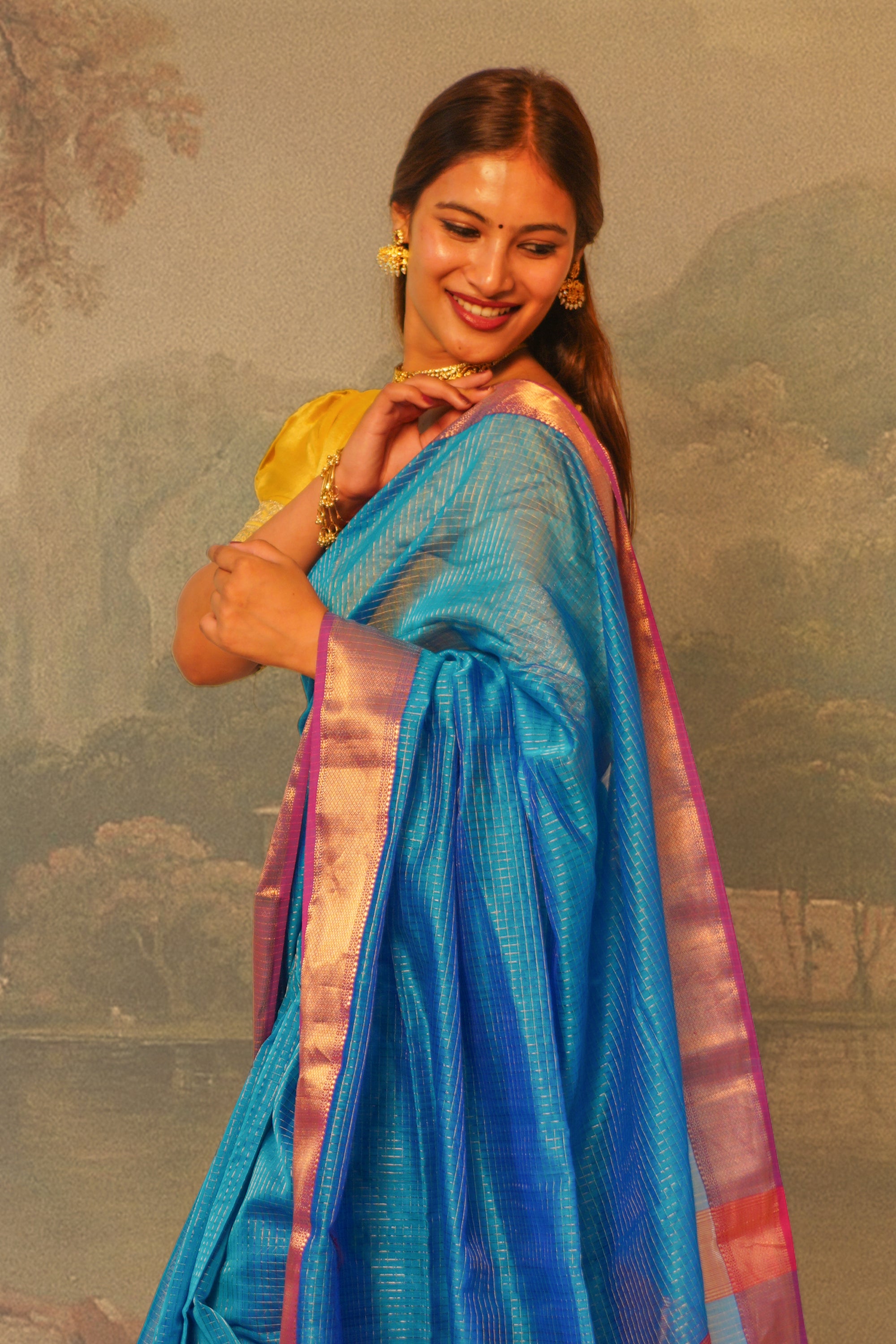 Blue And Pink With Gold Zari Checks Maheshwari Silk Cotton Saree
