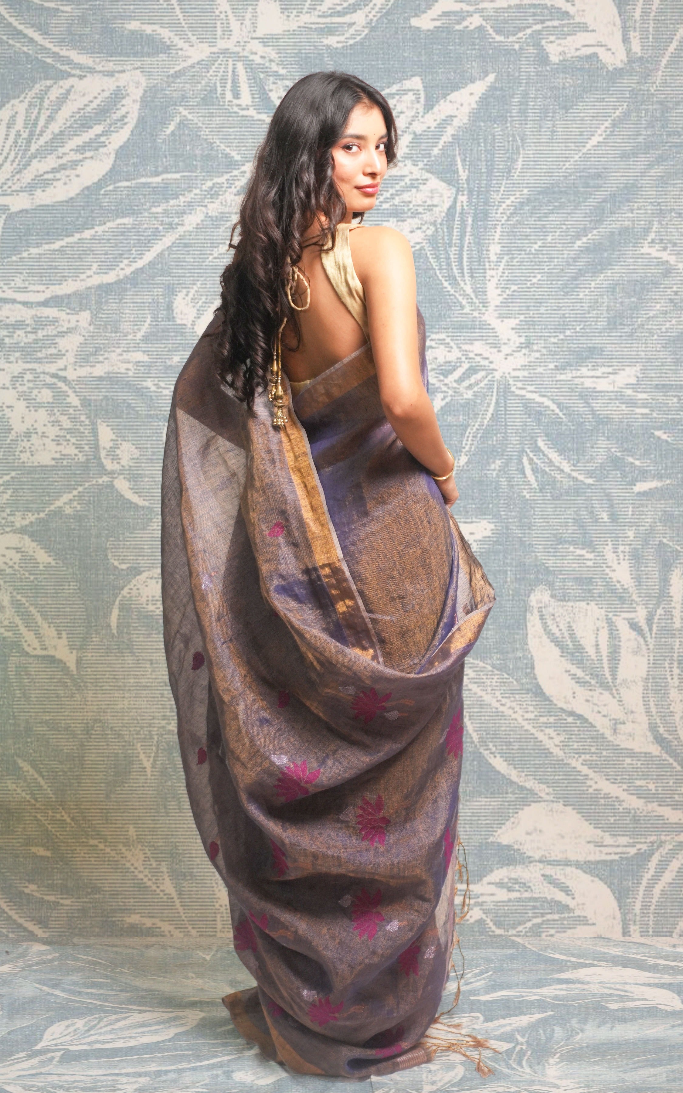 Metallic Sky Blue Tissue Linen Saree