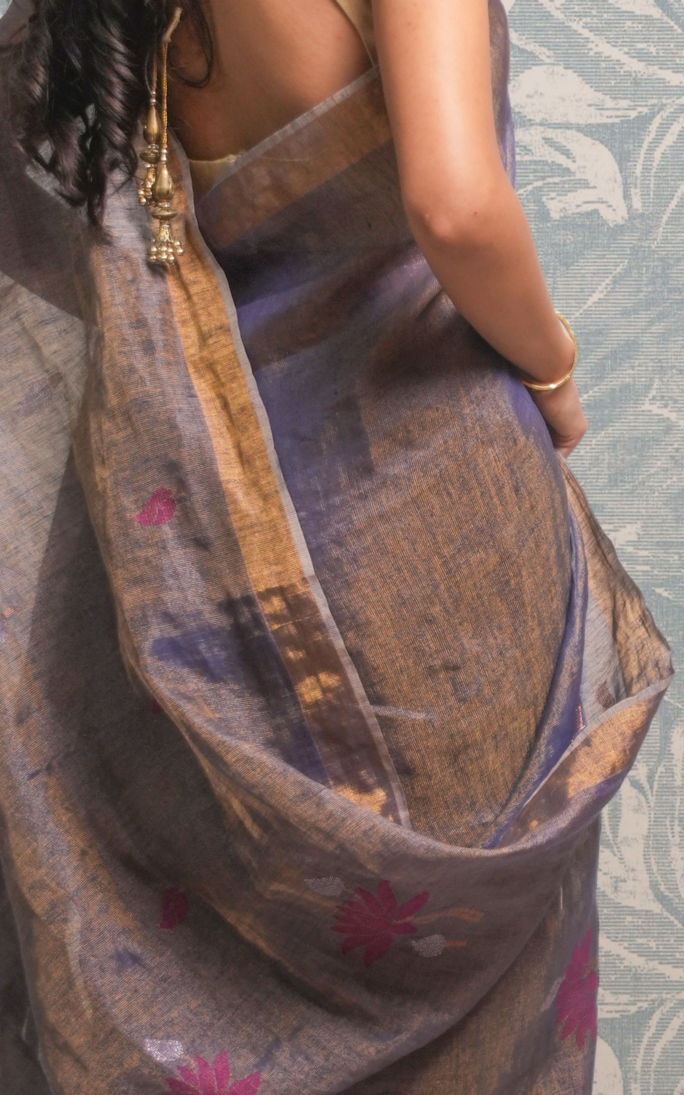 Metallic Sky Blue Tissue Linen Saree