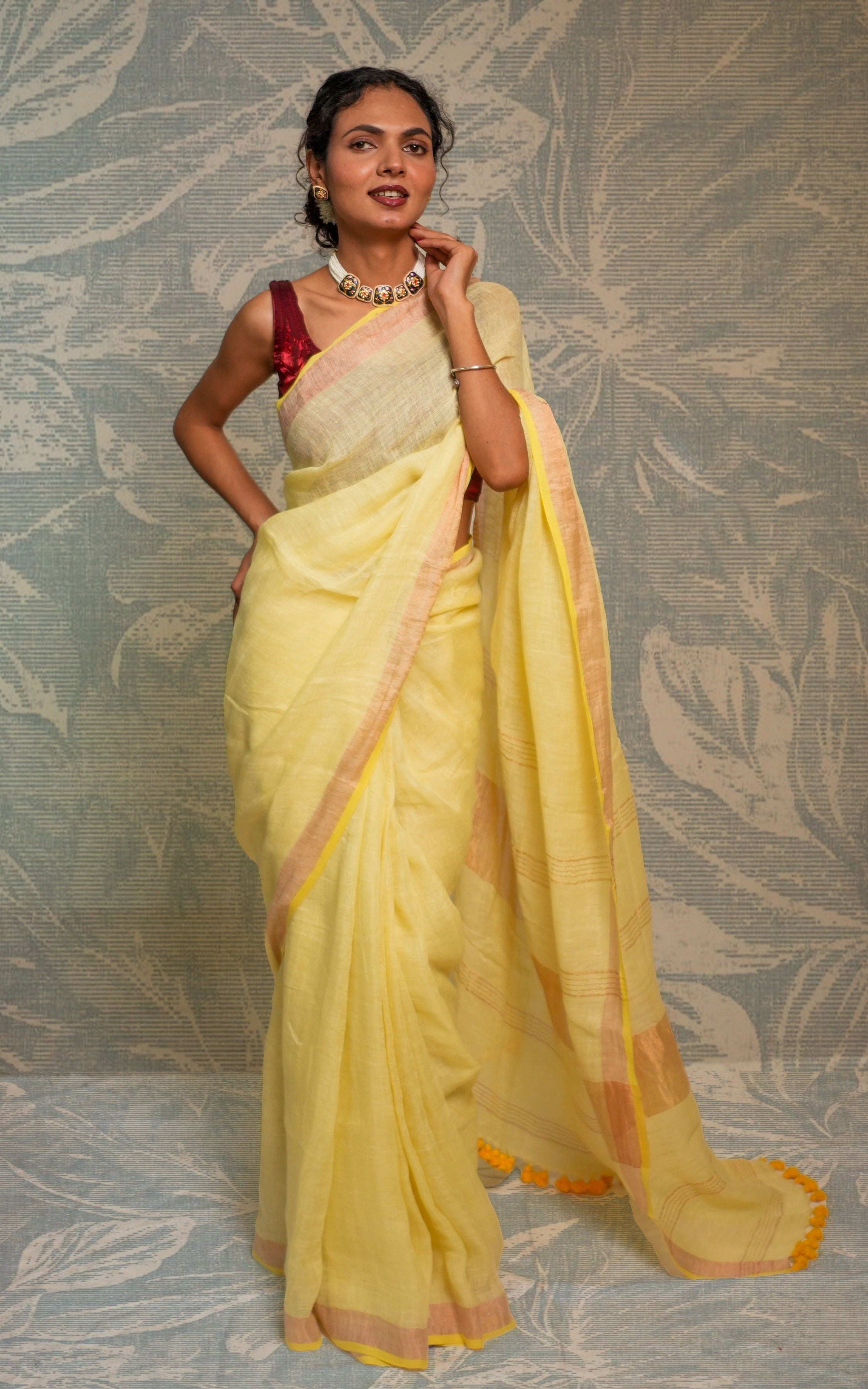 Soft Yellow And Silver Border Linen Saree