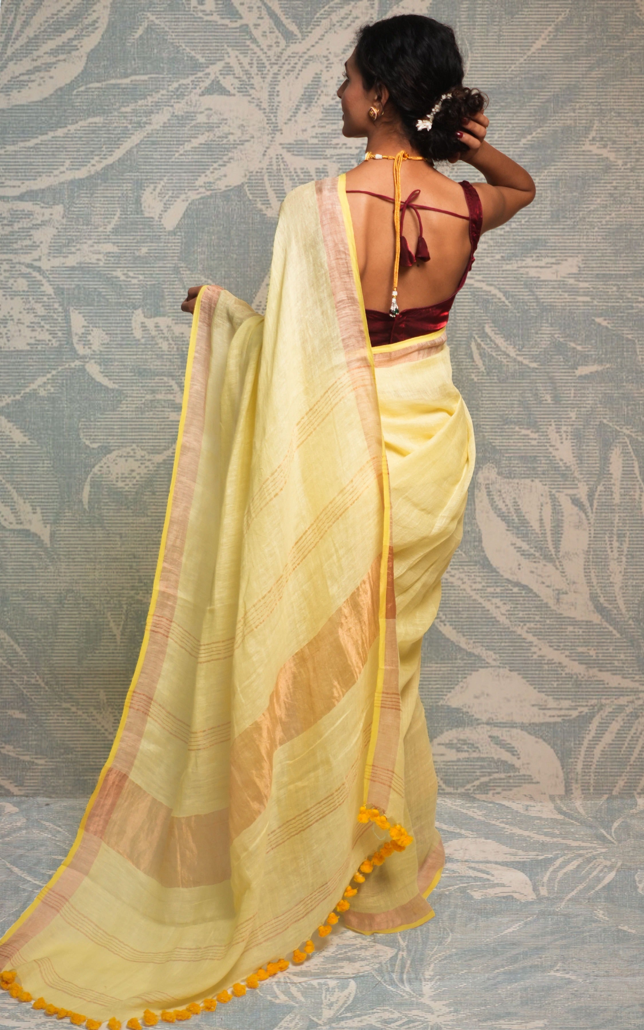 Soft Yellow And Silver Border Linen Saree