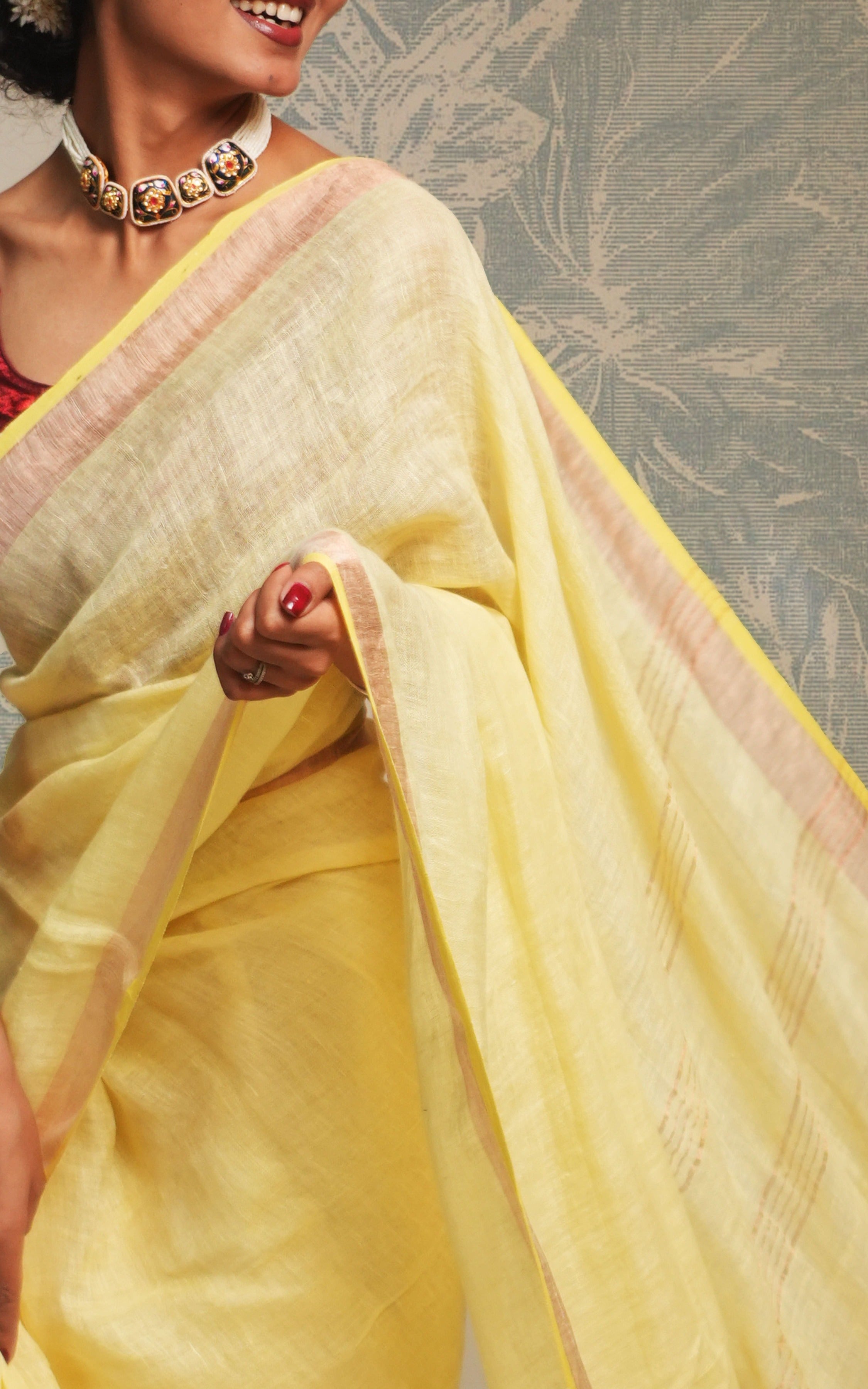 Soft Yellow And Silver Border Linen Saree