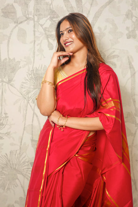 Blood Red And Gold Mysore Silk Saree