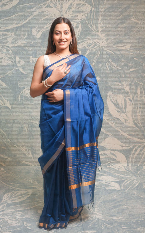 Royal Blue Color Plain Paturi Silk Saree With Silver Zari Border