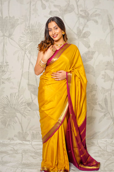 Light Mustard Yellow And Deep Magenta Pink Mysore Silk Saree