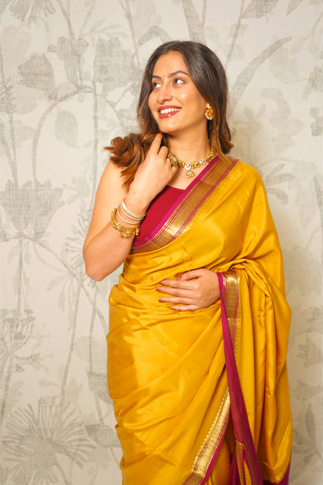 Light Mustard Yellow And Deep Magenta Pink Mysore Silk Saree